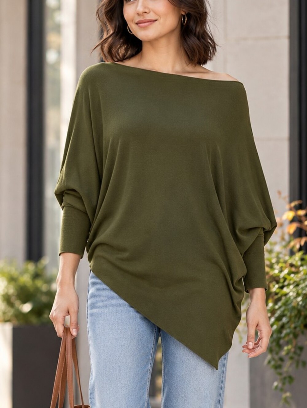 JAKI London Olive Green Asymmetric Draped Knit Sweater Size S